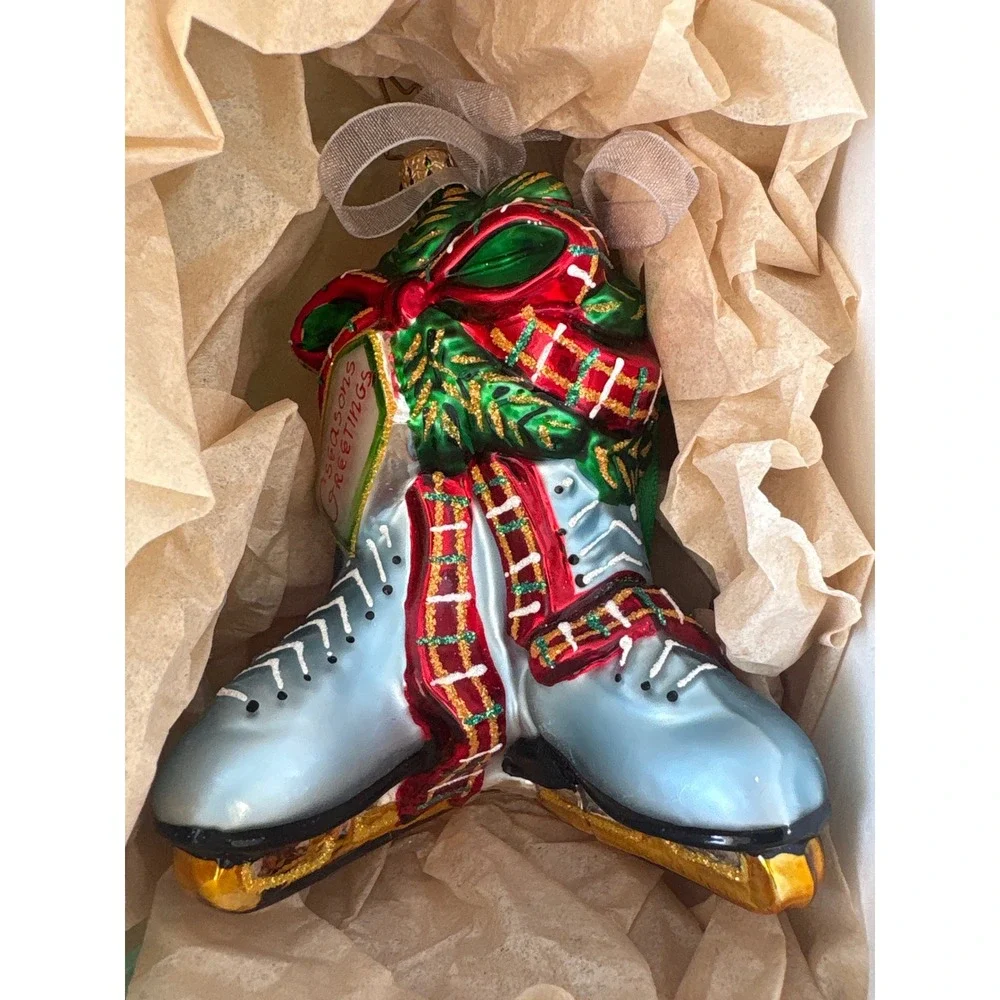 Christopher Radko Ice Skates Glass Christmas Ornament Seasons Greetings Blue Box